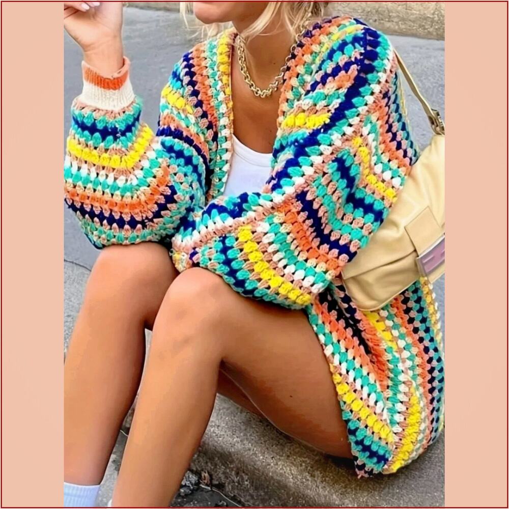 Coral Orange Casual Women's Soft Knit Cardigan with Striped Ruffle Sleeves